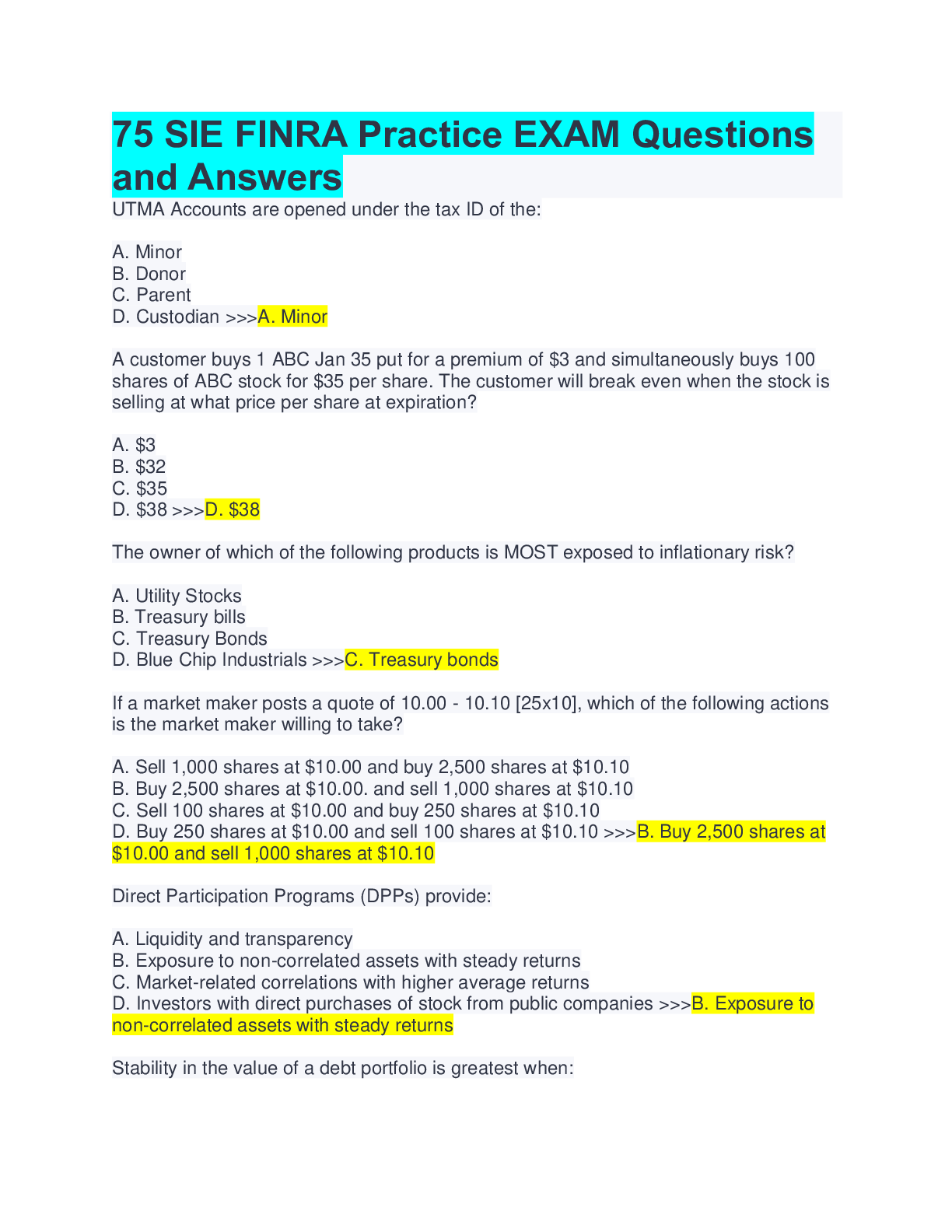 FINRA SIE Exam 70 Questions with Correct Answers Browsegrades